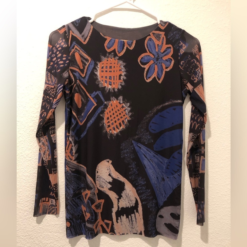 Amb Y2K Floral Geometric Abstract‎ Art to Wear Sheer Top S/M